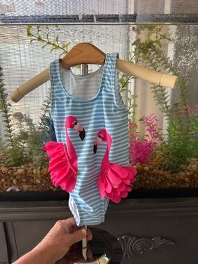 Girls' Blue Stripe Flamingo One-Piece Swimsuit with Pink Ruffles